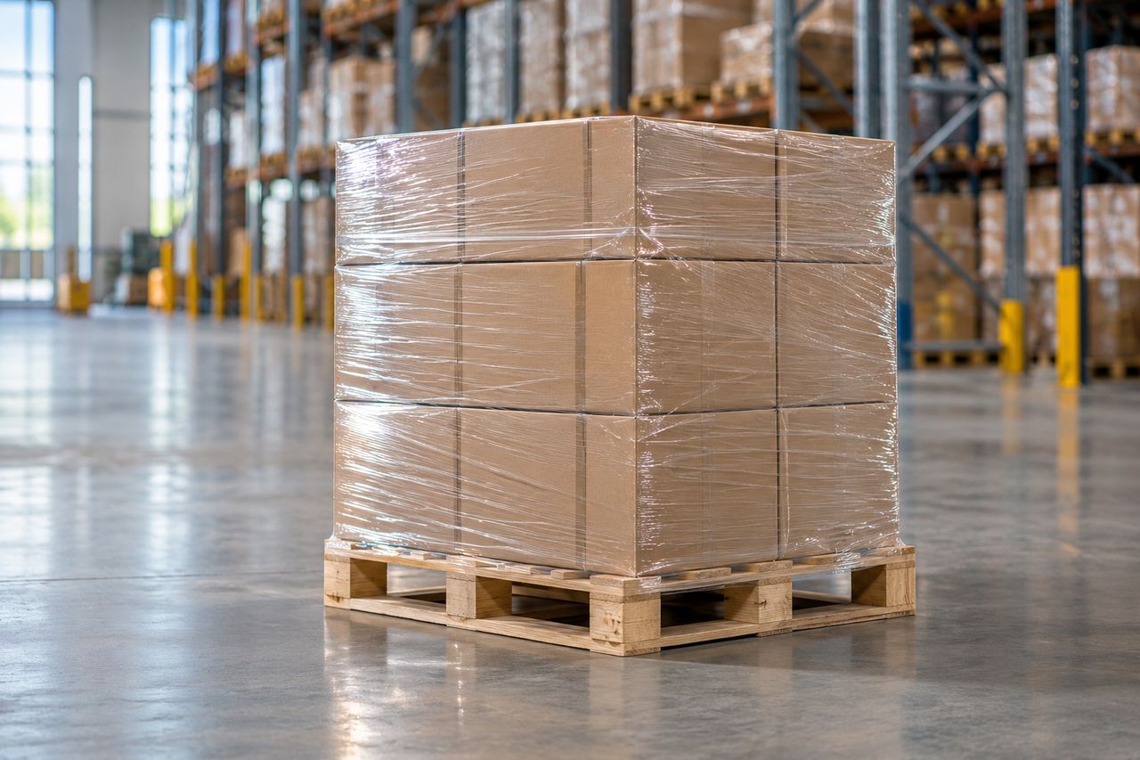 Europalet de madera con carga retractilada en un almacén