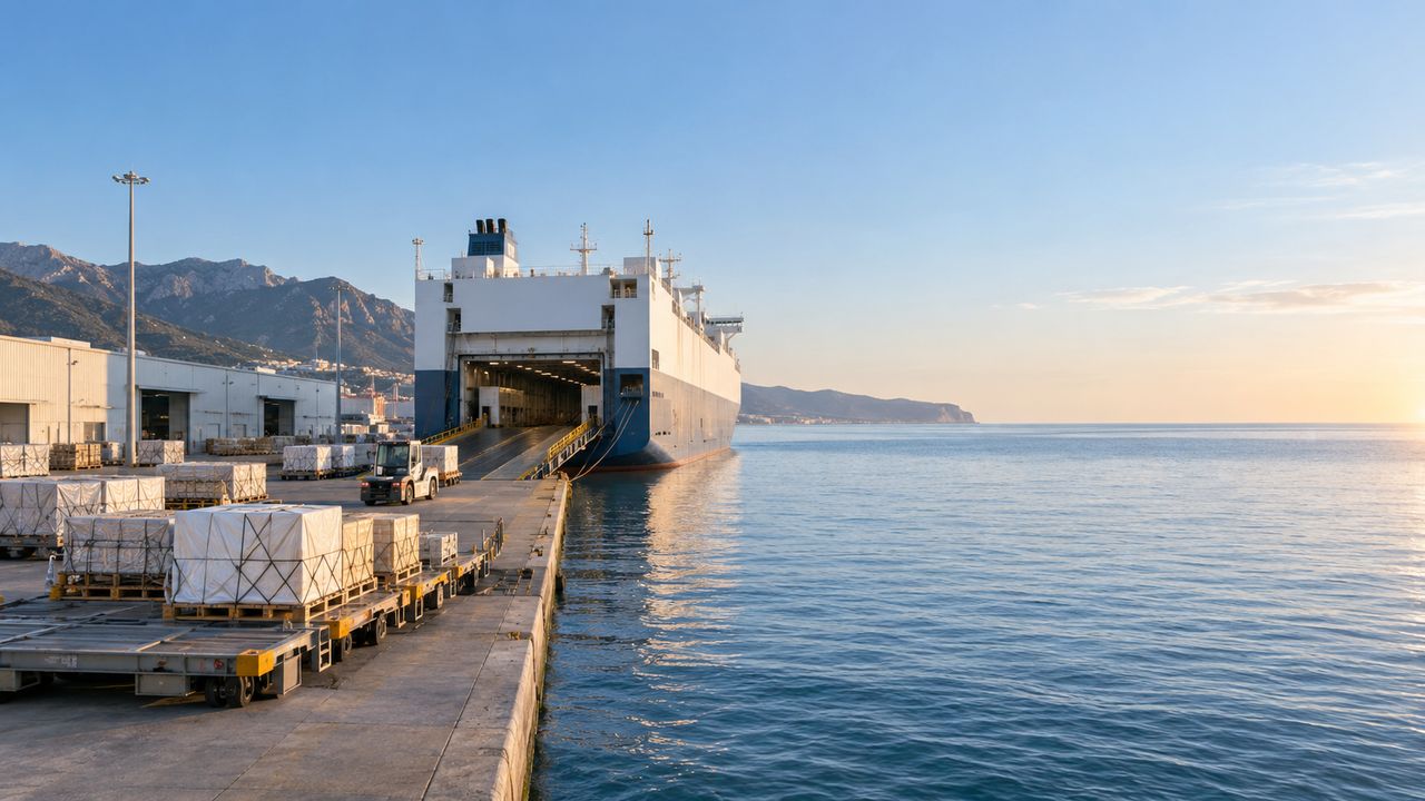 Plataformas con palets esperando embarque en un puerto de Mallorca