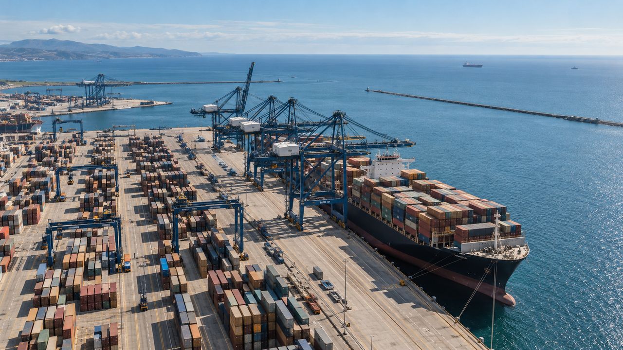 Terminal portuaria con grúas pórtico y contenedores